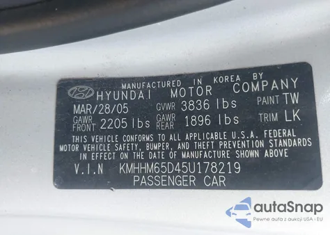 2005 Hyundai Tiburon Gs z USA, uszkodzony, nr VIN KMHHM65D45U178219